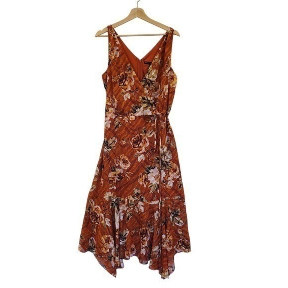 White House Black Market Floral Faux‎ Wrap Midi Dress Orange Rose Print V Neck